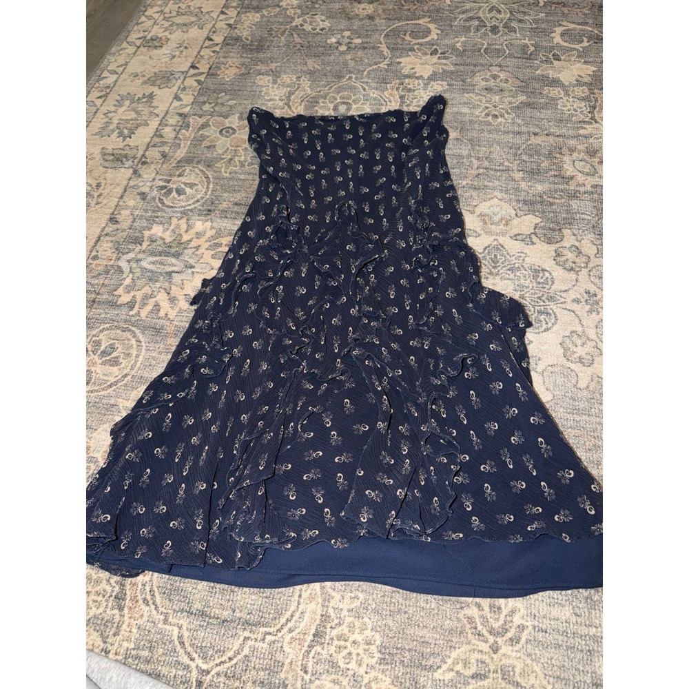 Lauren Ralph Lauren Silk Navy Blue Floral Midi Skirt Ruffle Chiffon